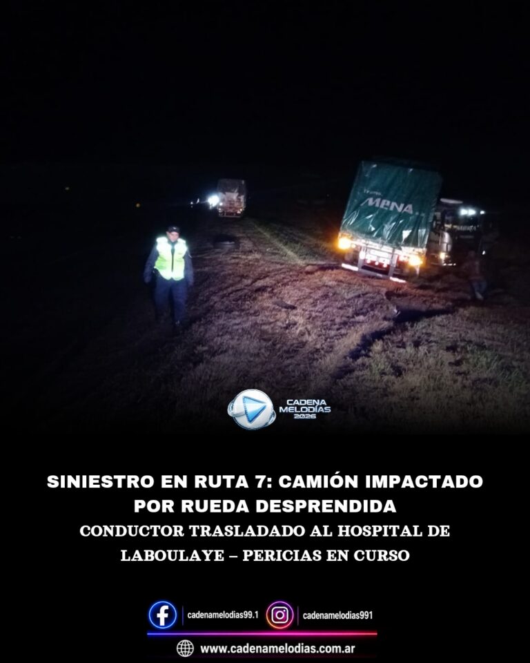 Siniestro vial en Ruta Nacional N° 7: un camión fue impactado por una rueda desprendida y su conductor terminó hospitalizado.