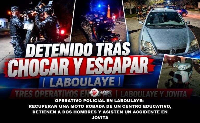 🚨 OPERATIVO POLICIAL EN LABOULAYE: RECUPERAN MOTOCICLETA ROBADA, DETIENEN A UN JOVEN DE 19 AÑOS Y APREHENDEN A UN HOMBRE DE 36 TRAS CHOCAR UN AUTO ESTACIONADO